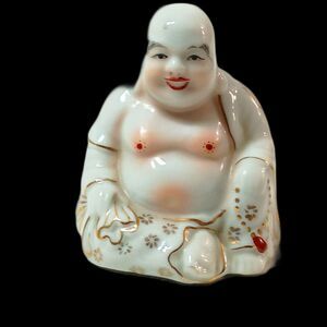 Glazed Hand-painted porcelain/ceramic figurine of seated Happy Buddha VINTAGE